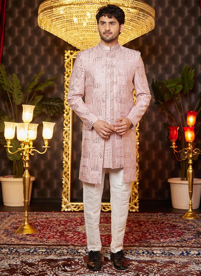 Art Silk Onion Pink Wedding Wear Thread Work Readymade Indo Western Sherwani